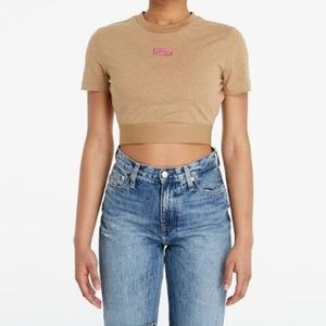 Adidas Neutral Beige/Tan Cropped Athletic Workout Lounge Tee with Pink Logo XL